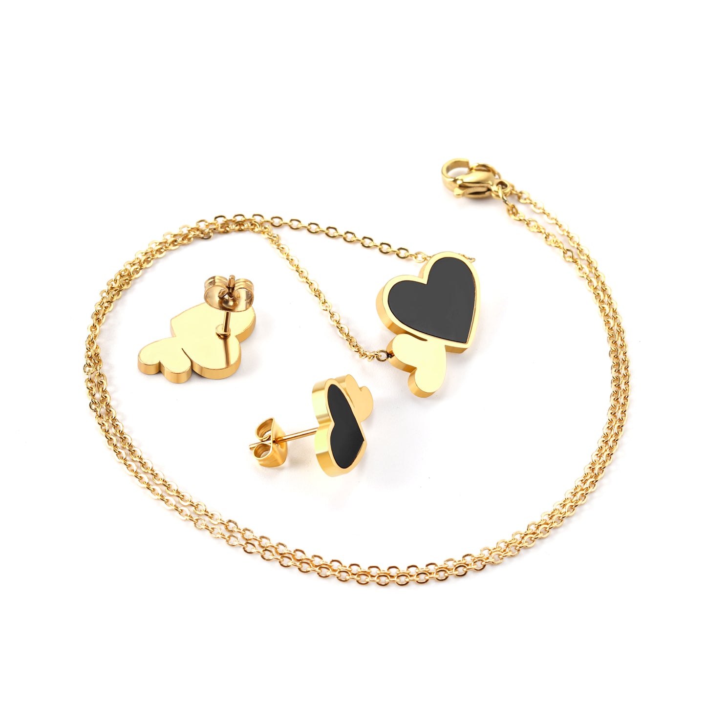 Black Enamel Double Heart Set