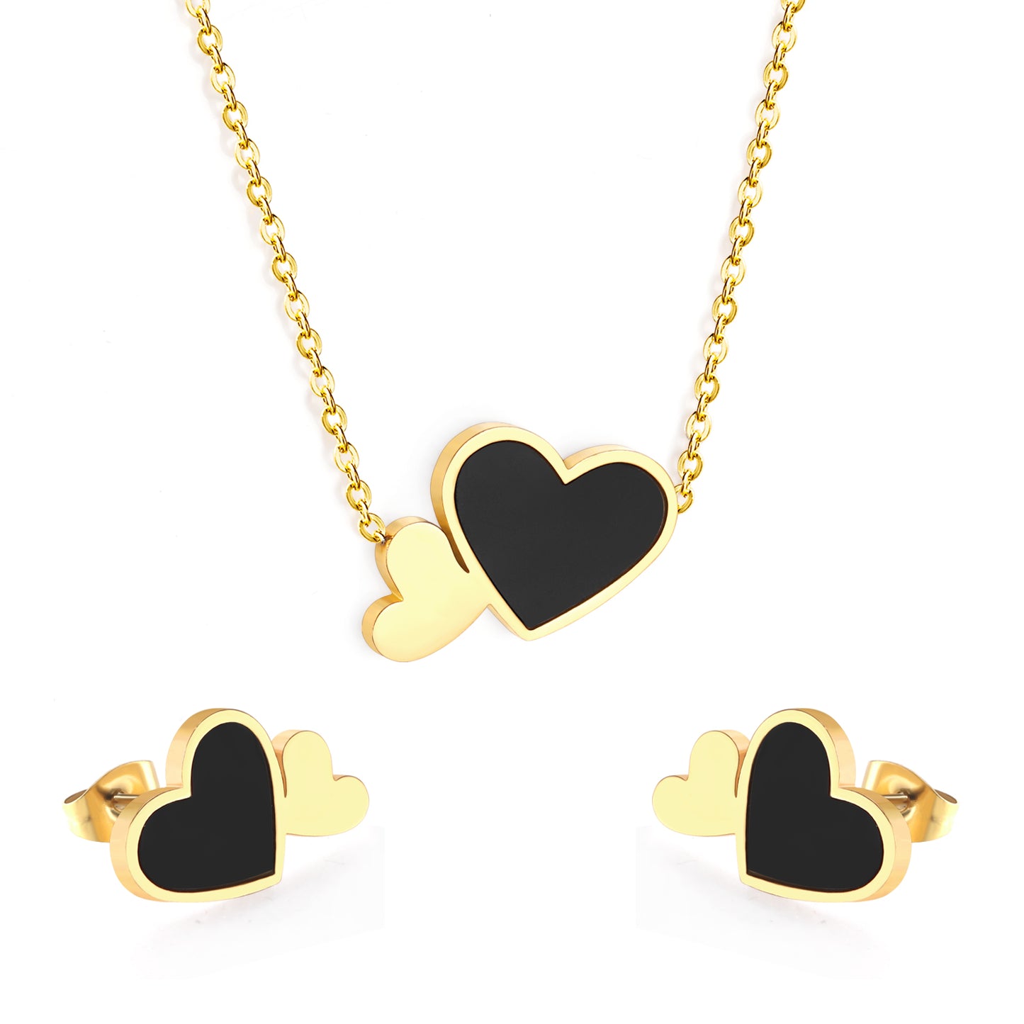 Black Enamel Double Heart Set