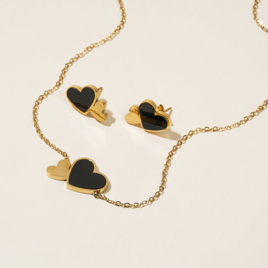 Black Enamel Double Heart Set